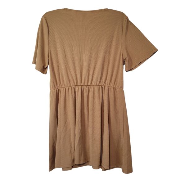 Women Ribbed 3 Front Button Short Sleeve Mini Dress Khaki Size Large - Picture 4 of 8